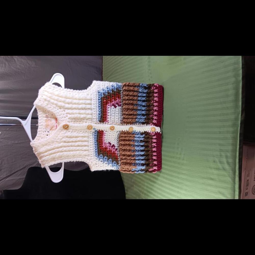 Vintage Crocheted Button-Up Vest with Colorful Pattern